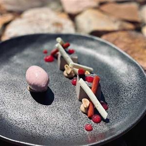 Mountain Pepper Panna Cotta, Orange Meringue, Peanut Butter Custard and Poached Rhubarb Sorbet - Chef Recipe by Jan Semmelhack.